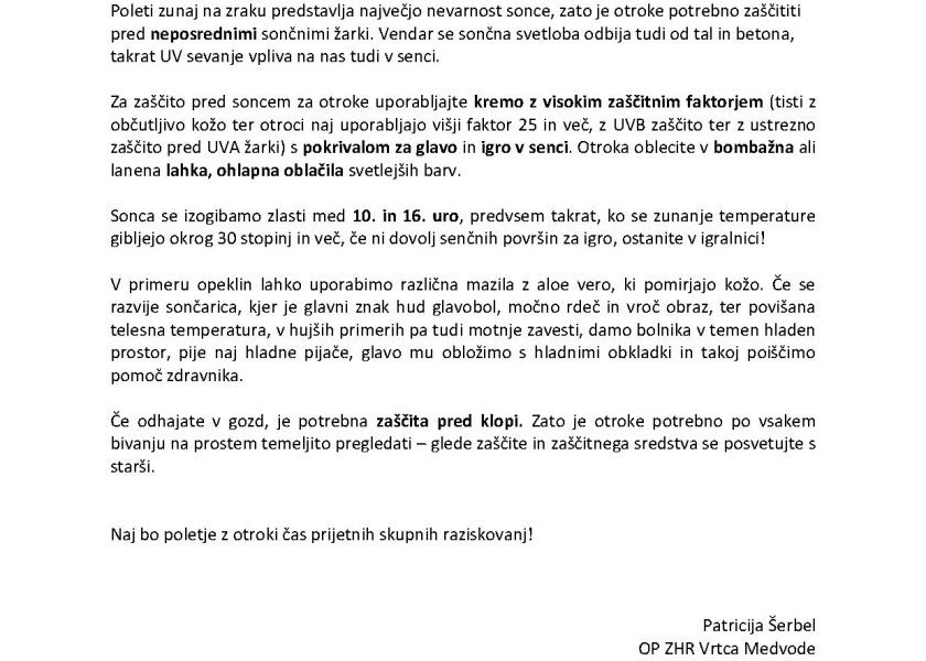 Navodila za varno bivanje otrok zunaj v poletnih mesecih
