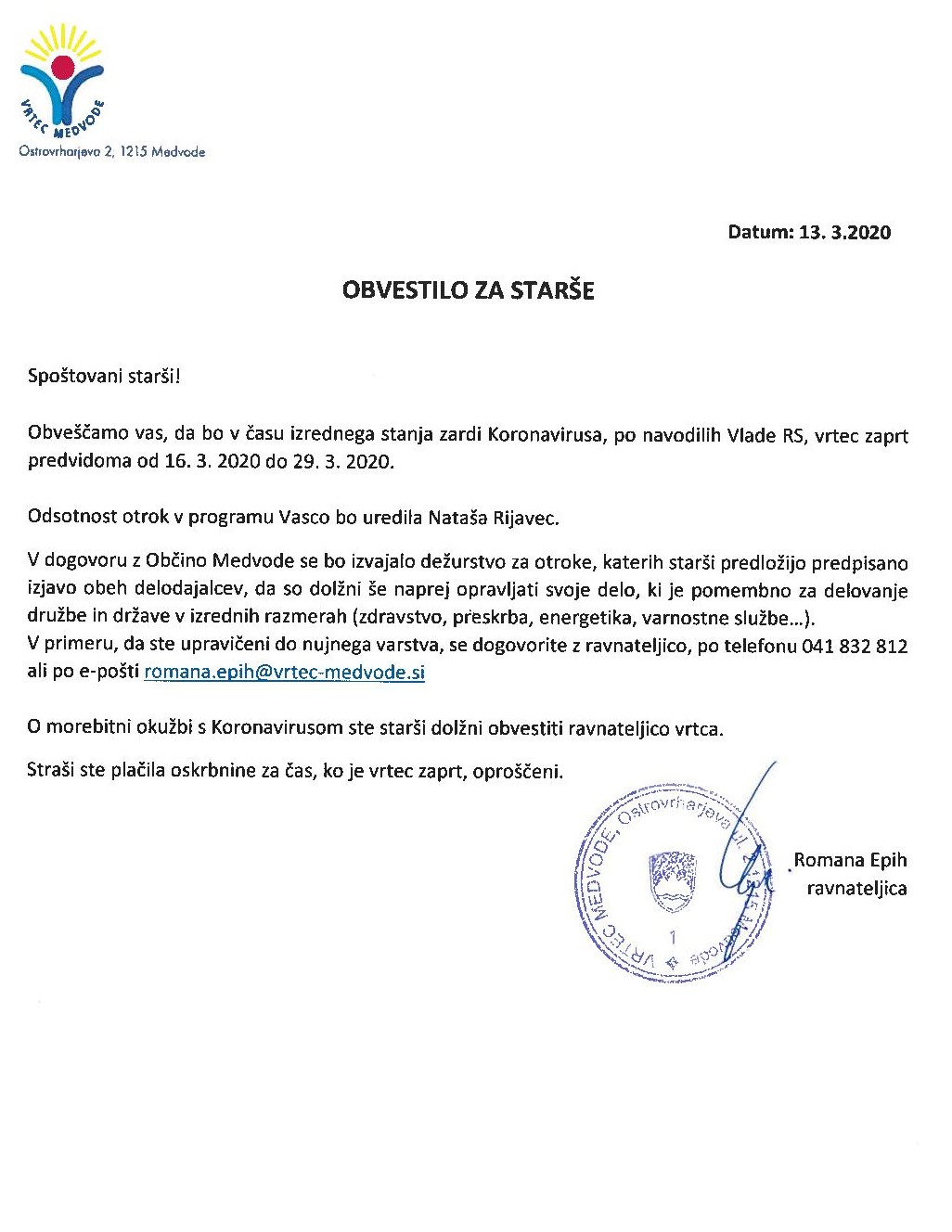 Obvestilo starši