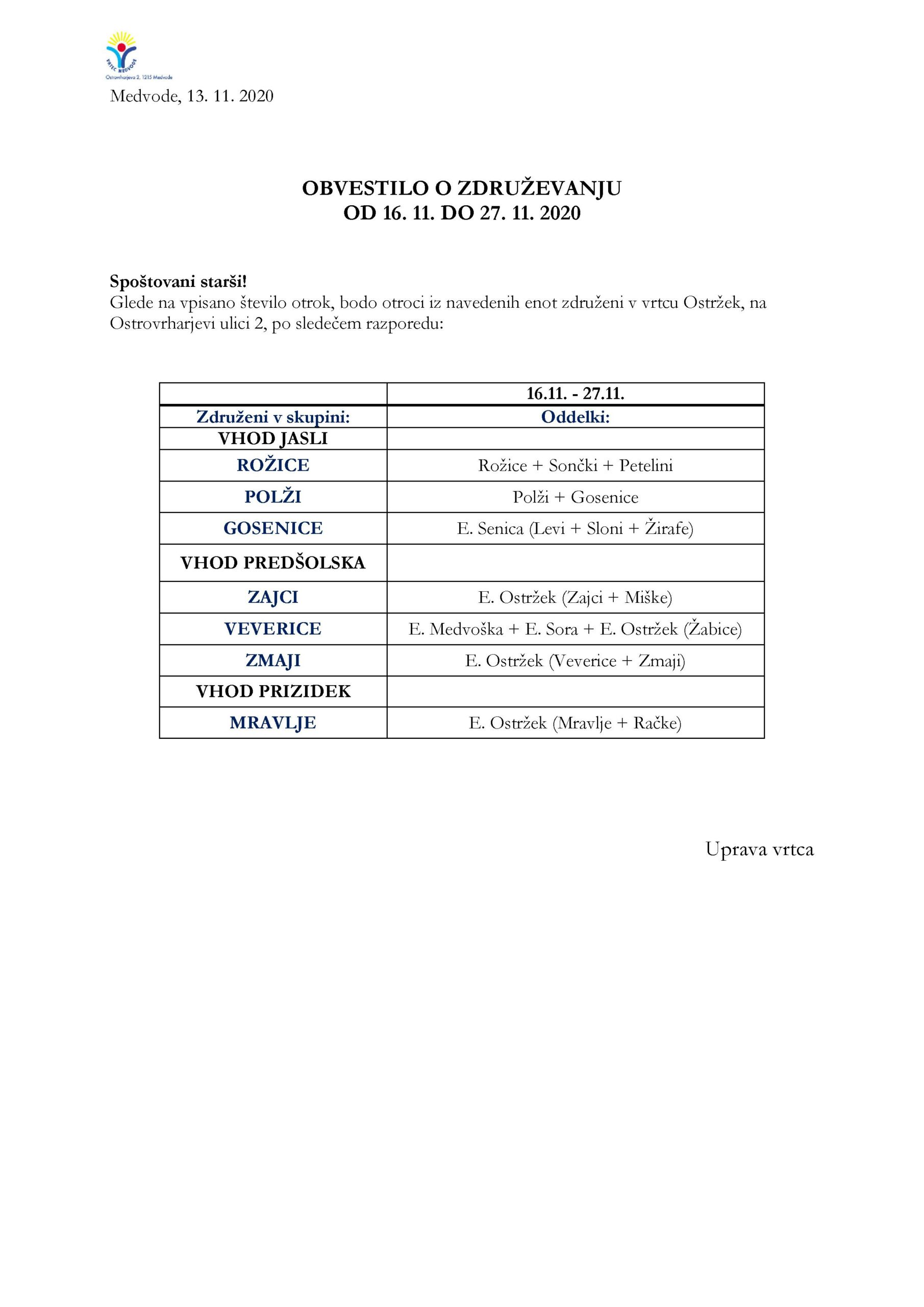 Obvestilo o združevanju 16.11.-27.11.2020