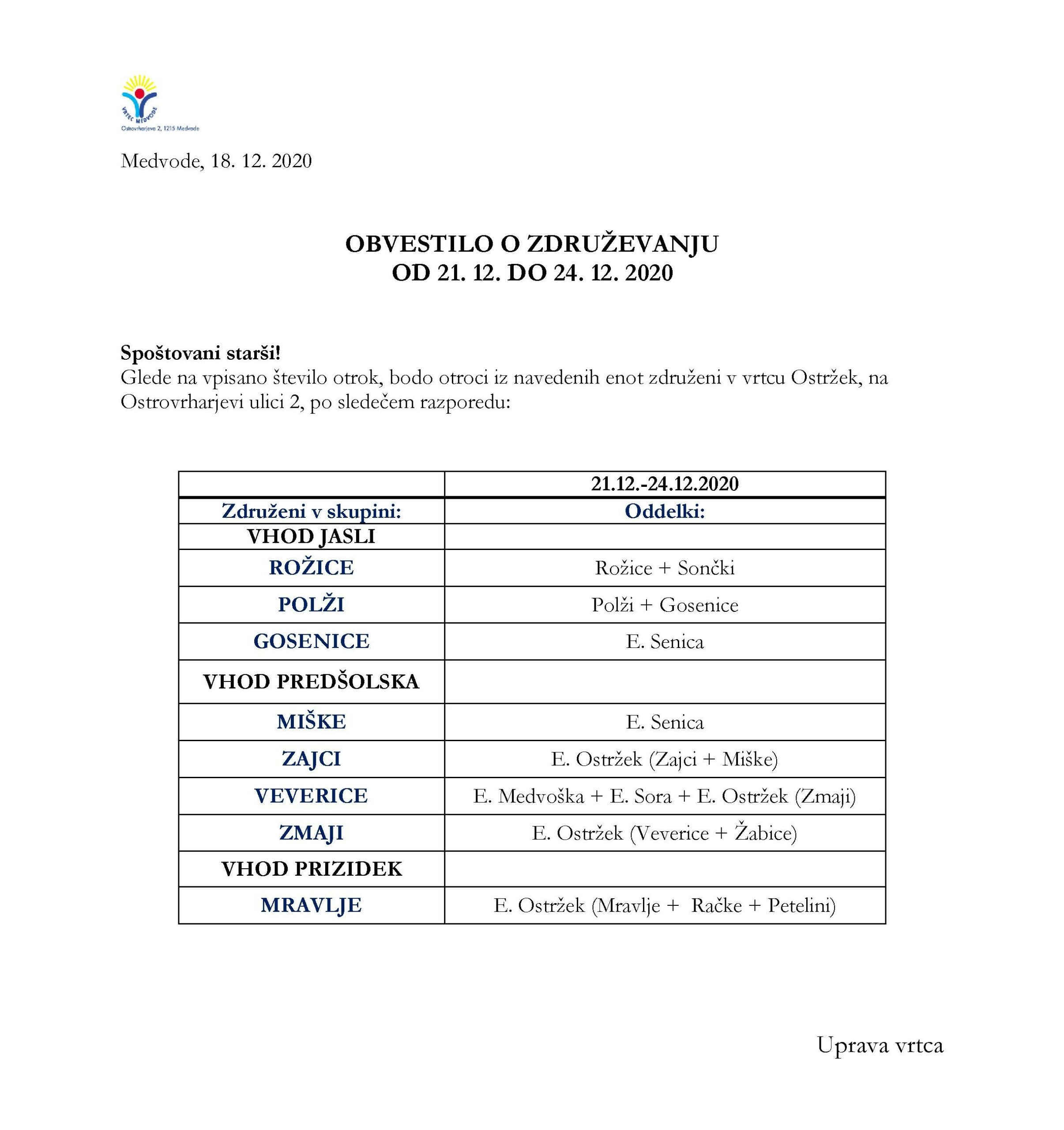 Obvestilo o združevanju 14.12.-18.12.
