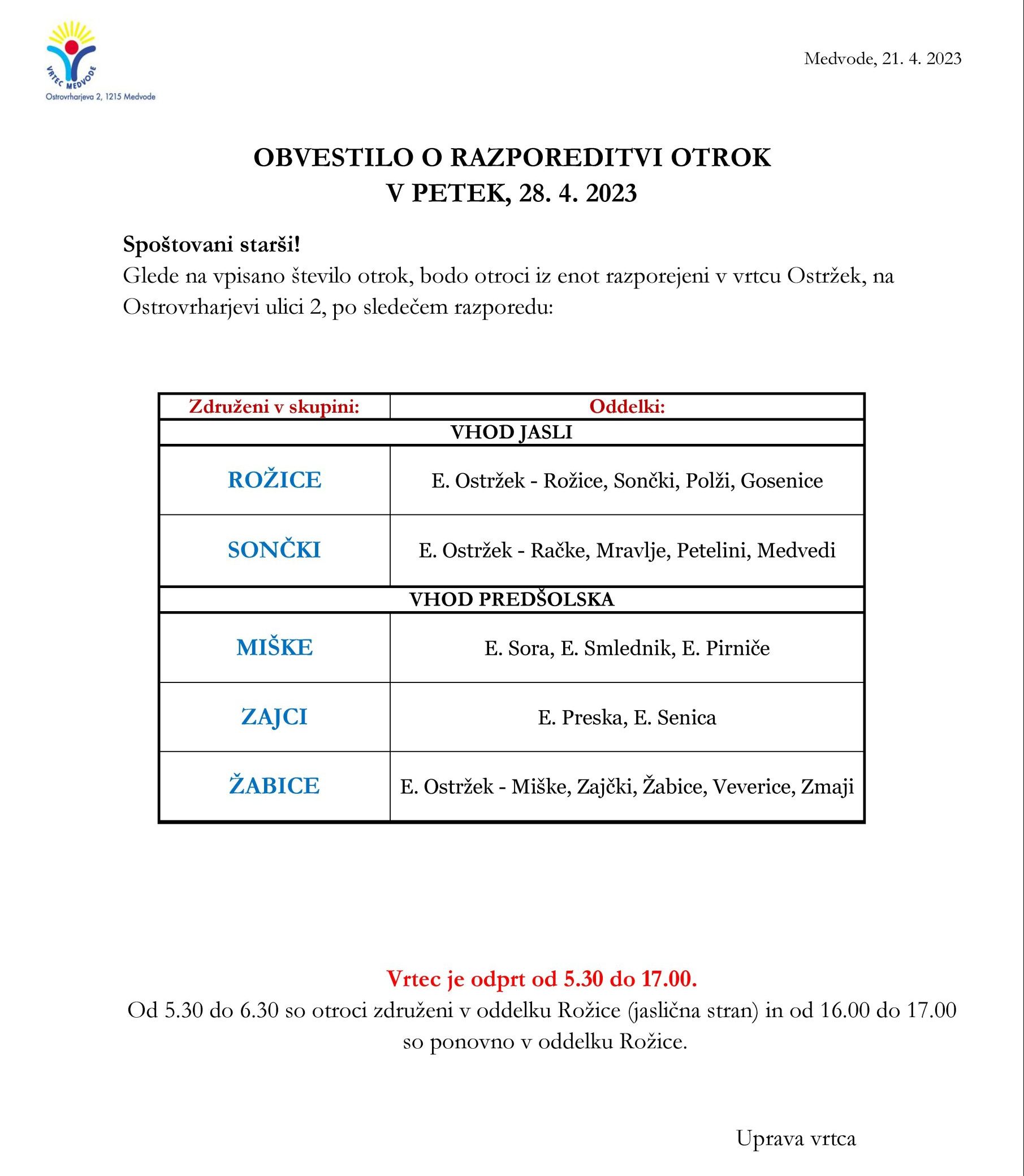 Obvestilo o razporeditvi otrok – za starše 23